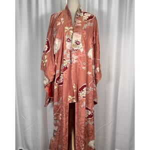 VTG Rising Sun Imports Japanese Silk Kimono Coral Pink Floral Rinzu Japan Made